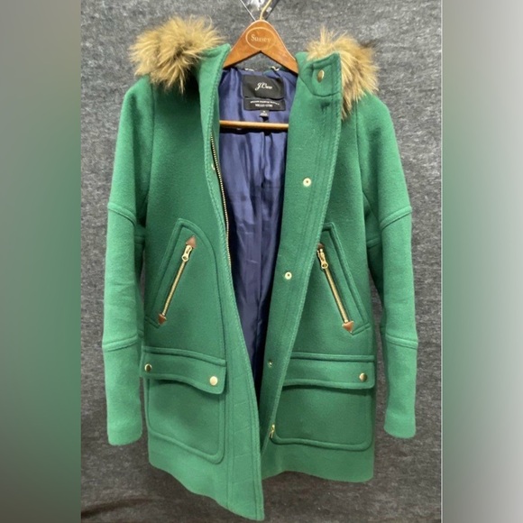 J.Crew Women's Green Italian Stadium-Cloth Wool Chateau Parka Hooded Coat Sz 0 - Picture 4 of 7